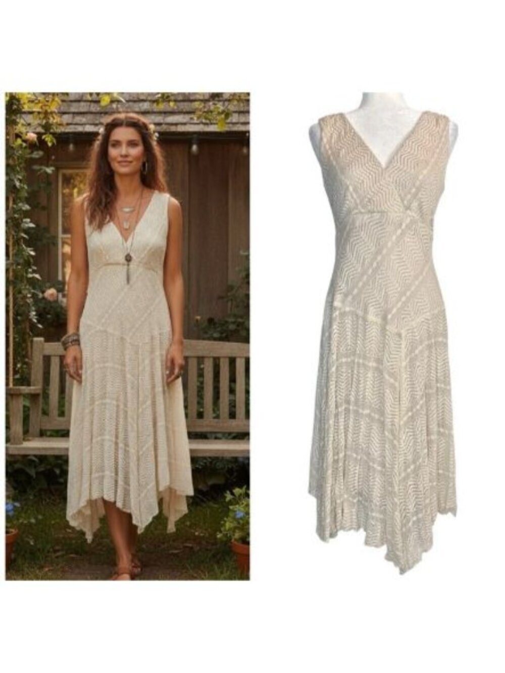 Chris McLaughlin Dress Sz 12 Coquette Midi Cream Lace Lined Boho Peasant